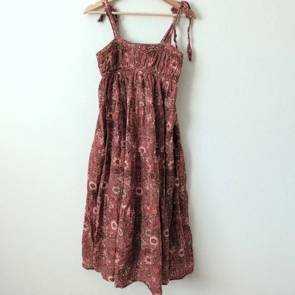 Ulla Johnson Cordelia Floral Tiered Midi Dress Smocked Tie Strap Rosebud Brown 4